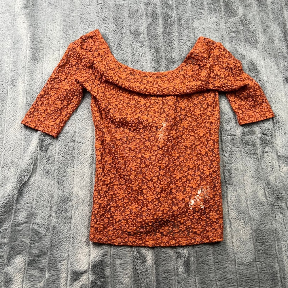Gap Womens XXS Rust Orange Floral Lace Off The Shoulder Elbow Sleeve Top 627204